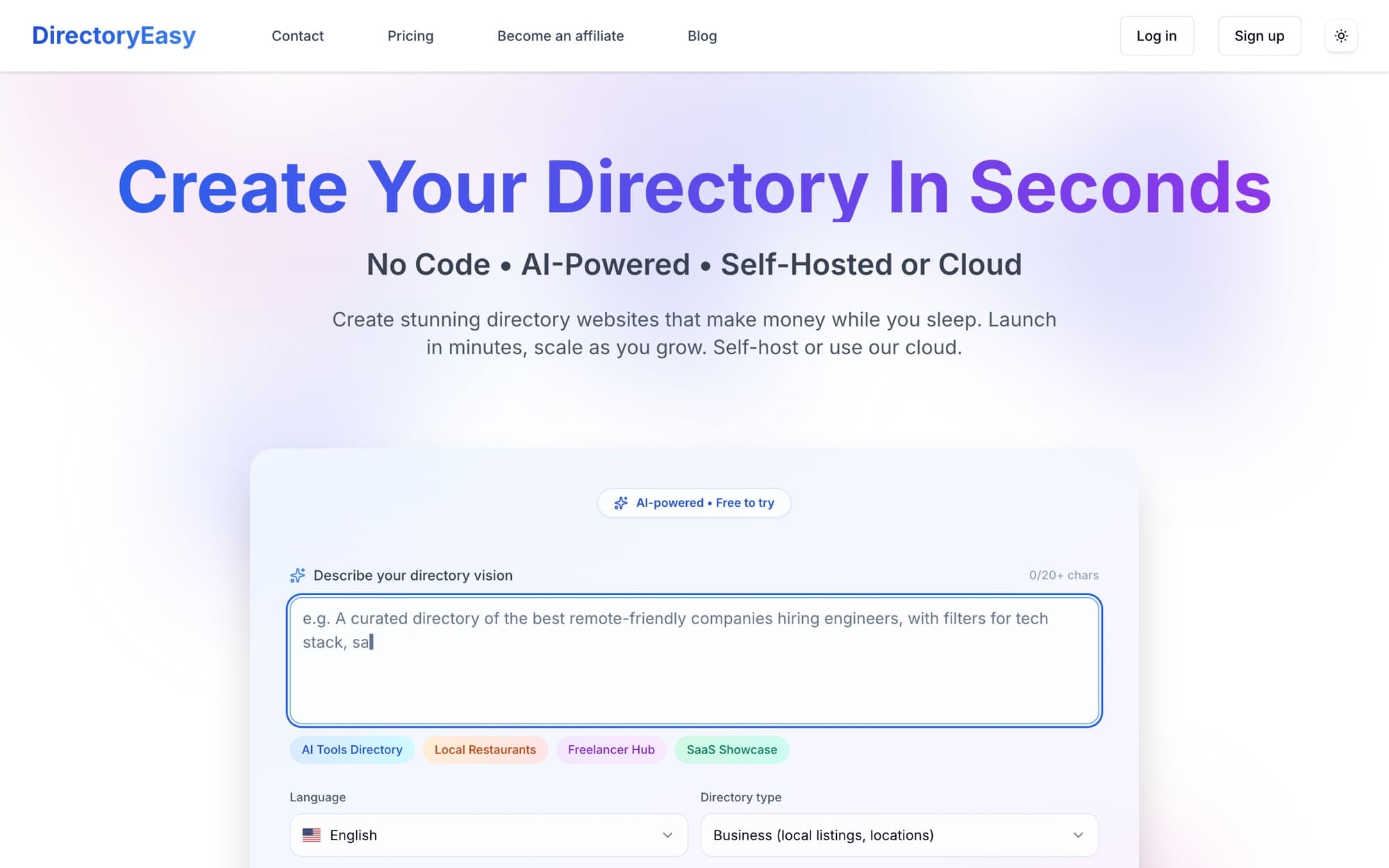 The DirectoryEasy homepage, showing a prompt box where you describe the directory you want to build, with example categories like AI Tools Directory, Local Restaurants, Freelancer Hub, and SaaS Showcase