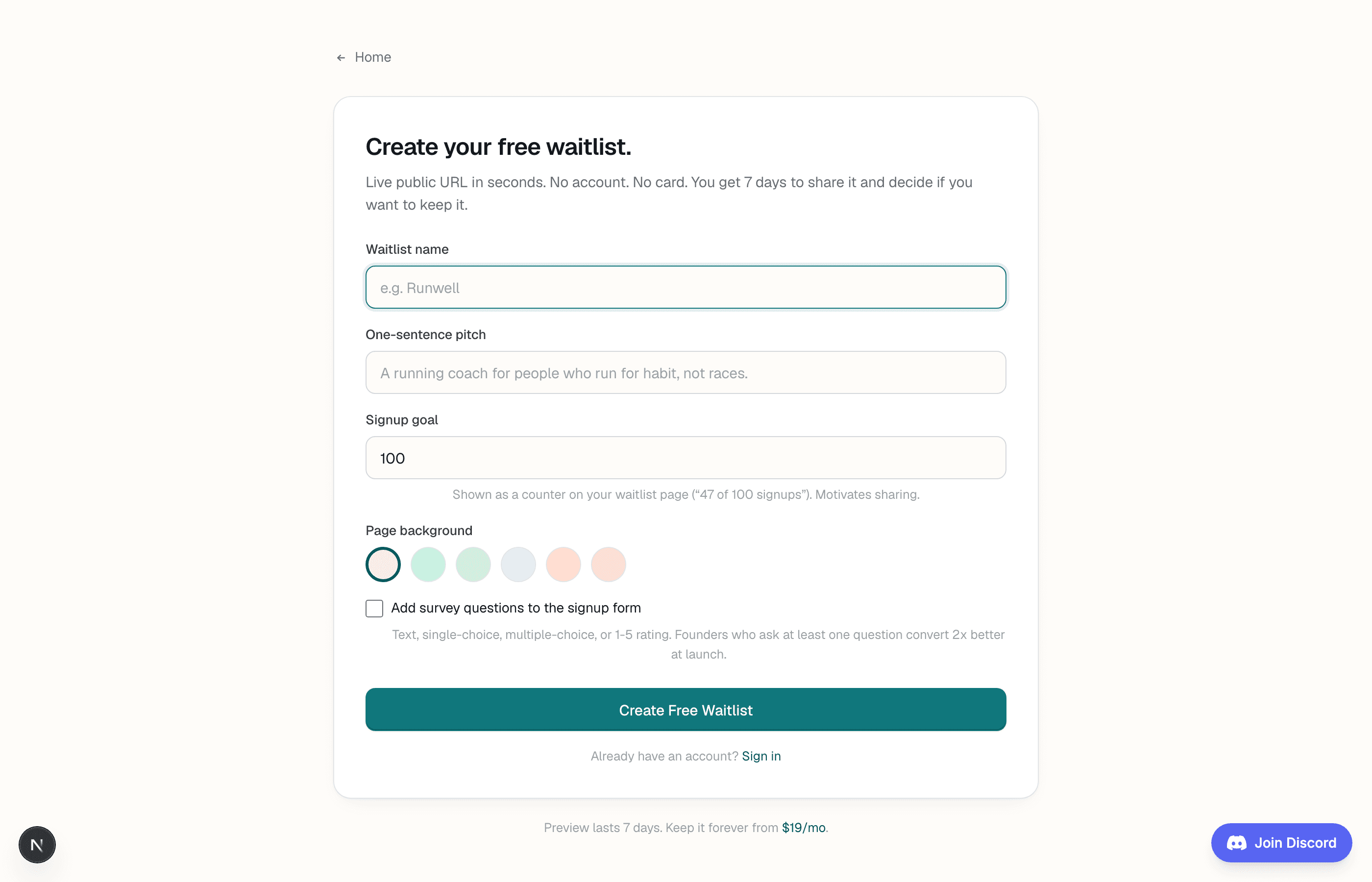 Empty Lighthouse waitlist creation form with Waitlist name, One-sentence pitch, and Signup goal fields