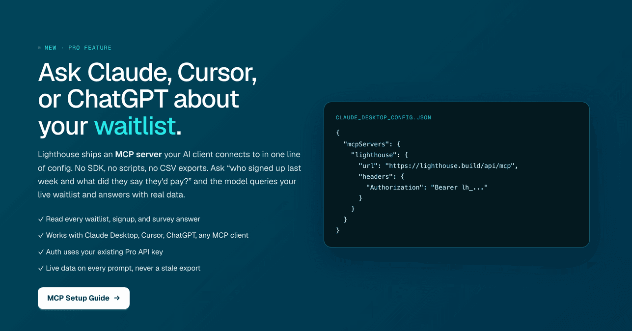 Lighthouse landing page section explaining the MCP server, with a claude_desktop_config.json snippet