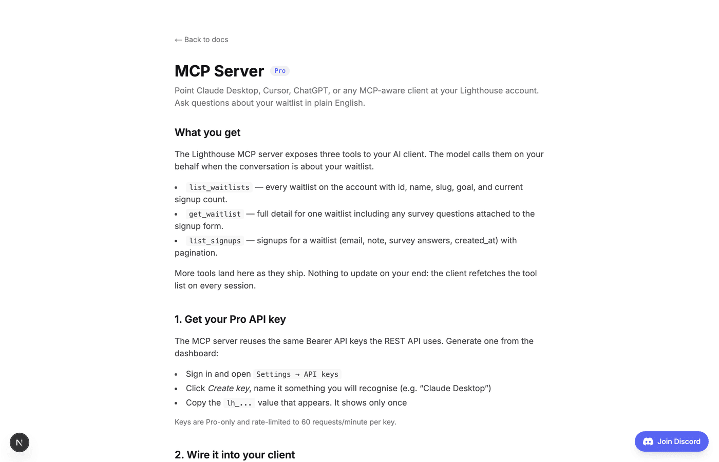 Lighthouse MCP documentation page listing the three read-only tools and the API key setup steps