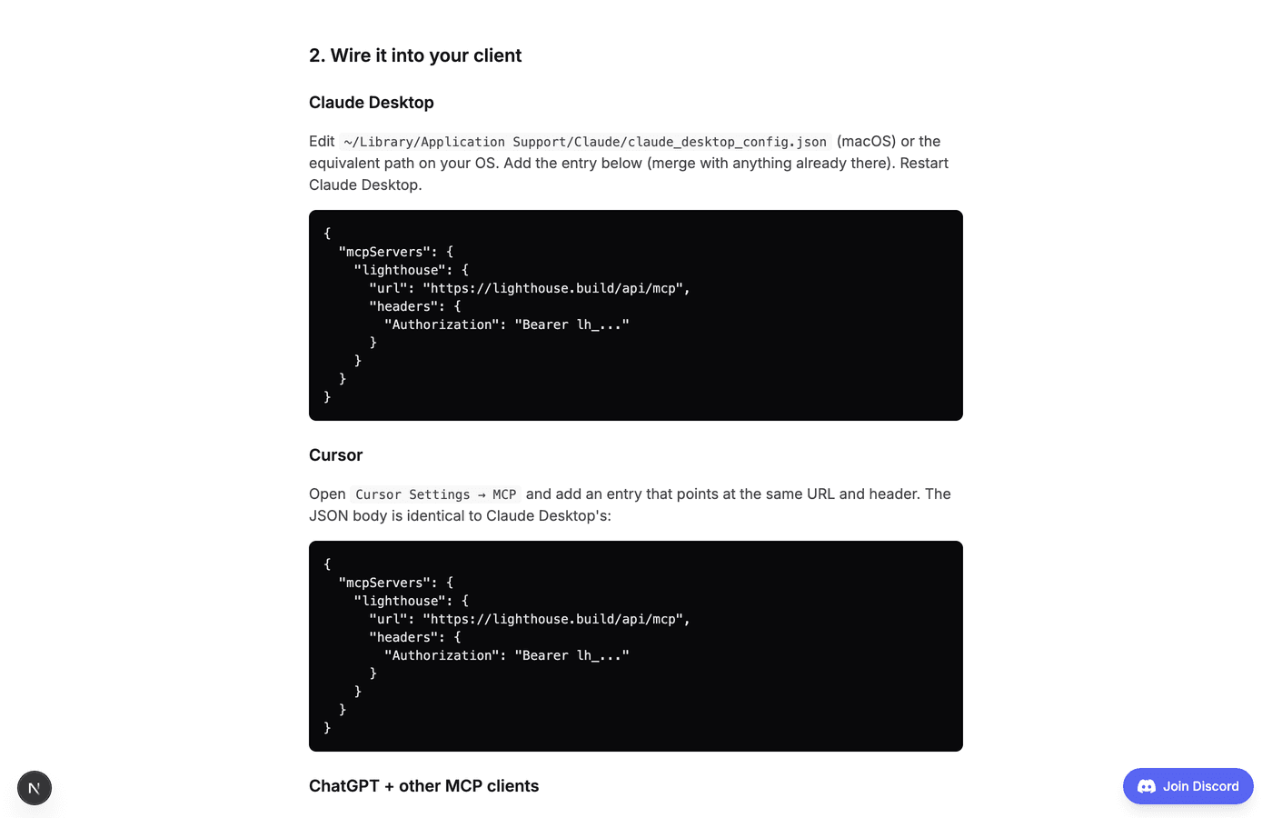 Lighthouse MCP documentation showing the Claude Desktop and Cursor configuration blocks