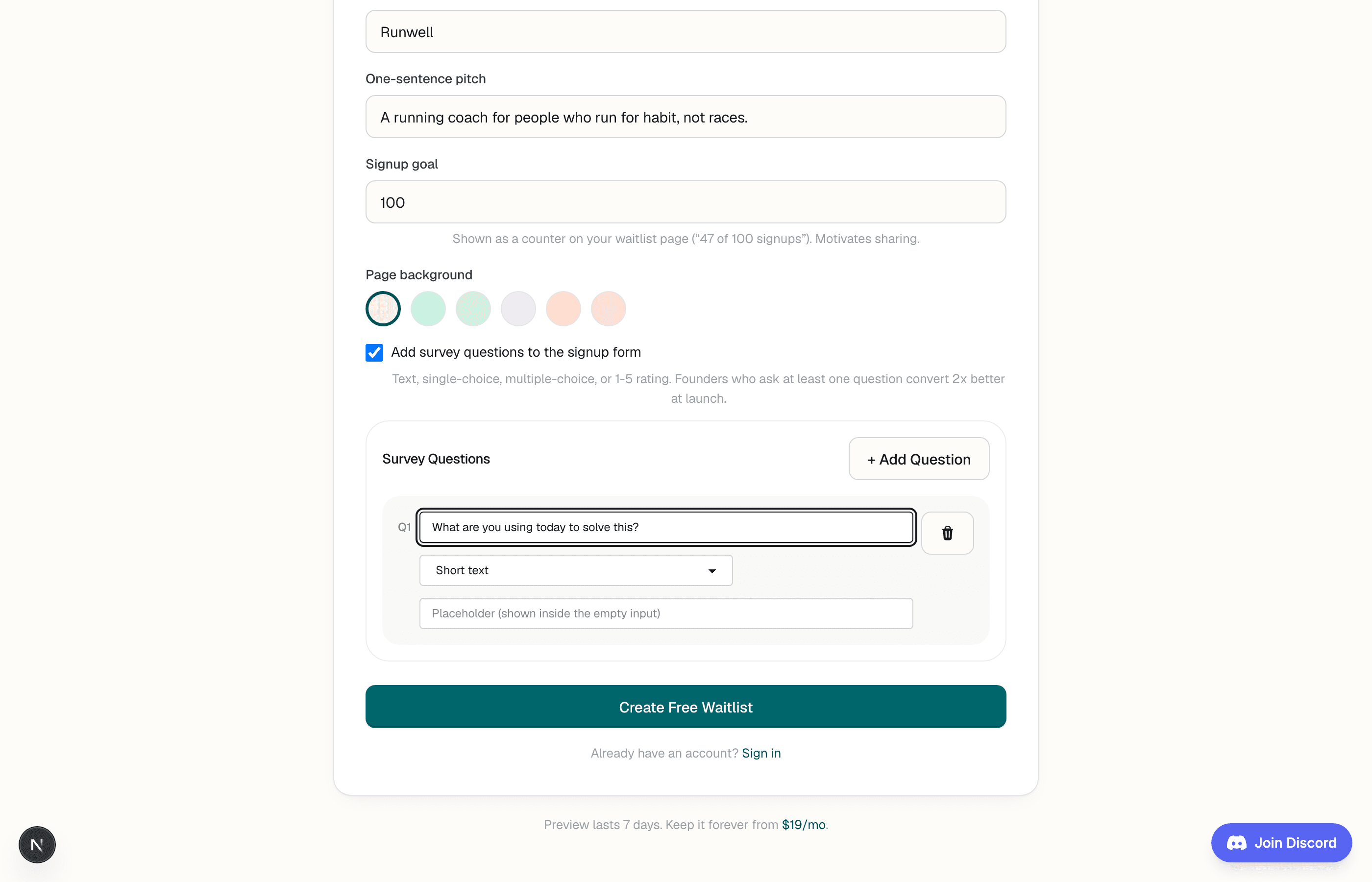Lighthouse create form with survey questions section enabled, showing one short-text question that reads: What are you using today to solve this?