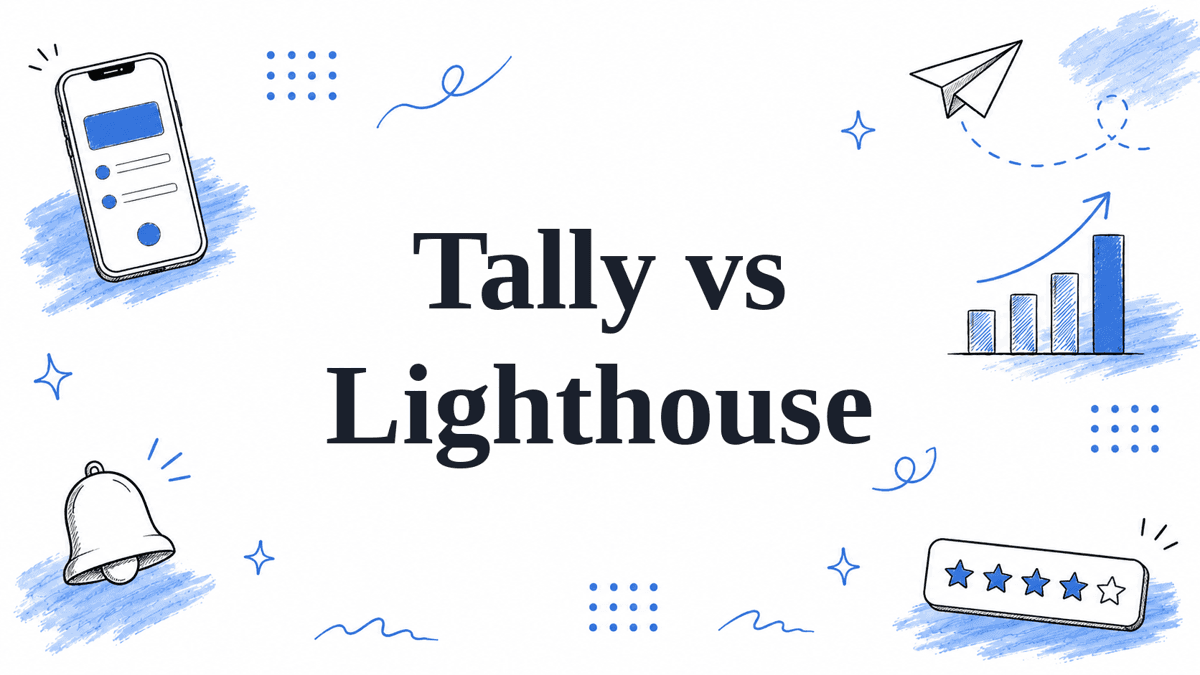 Hand-drawn illustrated header reading Tally vs Lighthouse