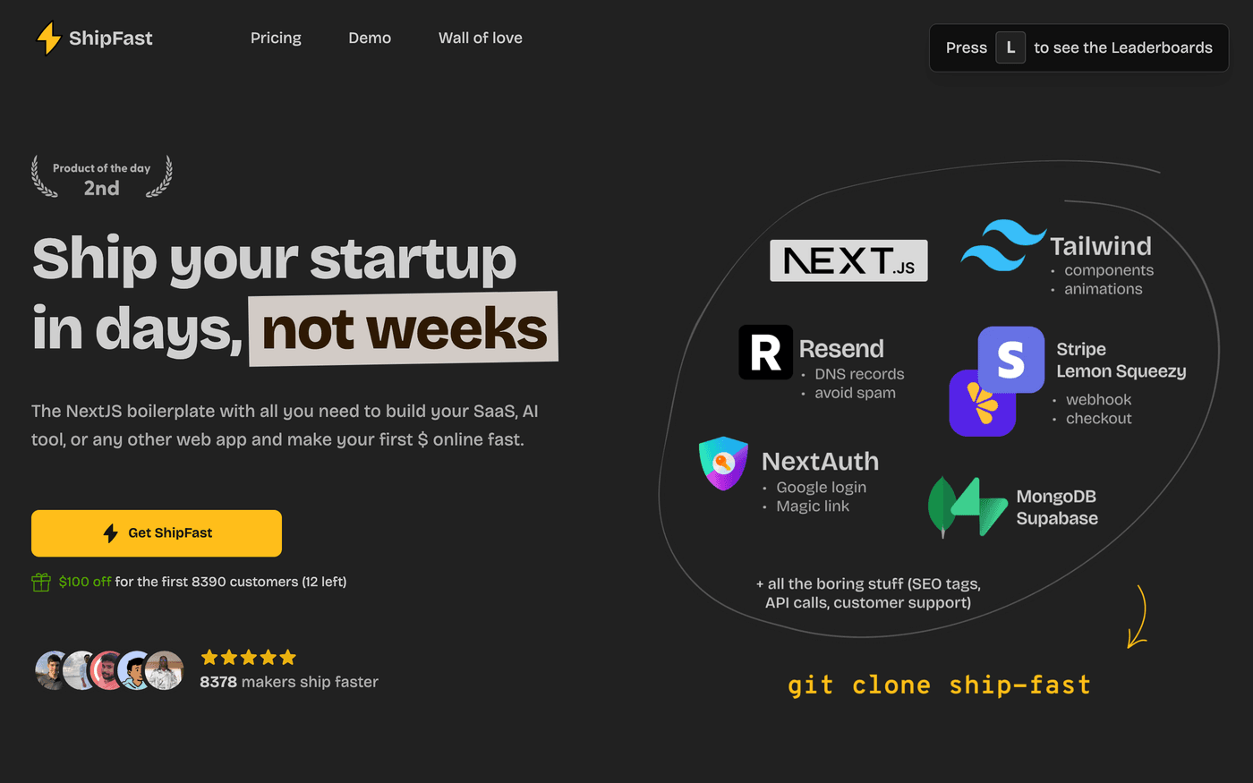 ShipFast landing page: Ship your startup in days, not weeks, listing Next.js, Tailwind, Stripe, NextAuth, MongoDB and Supabase
