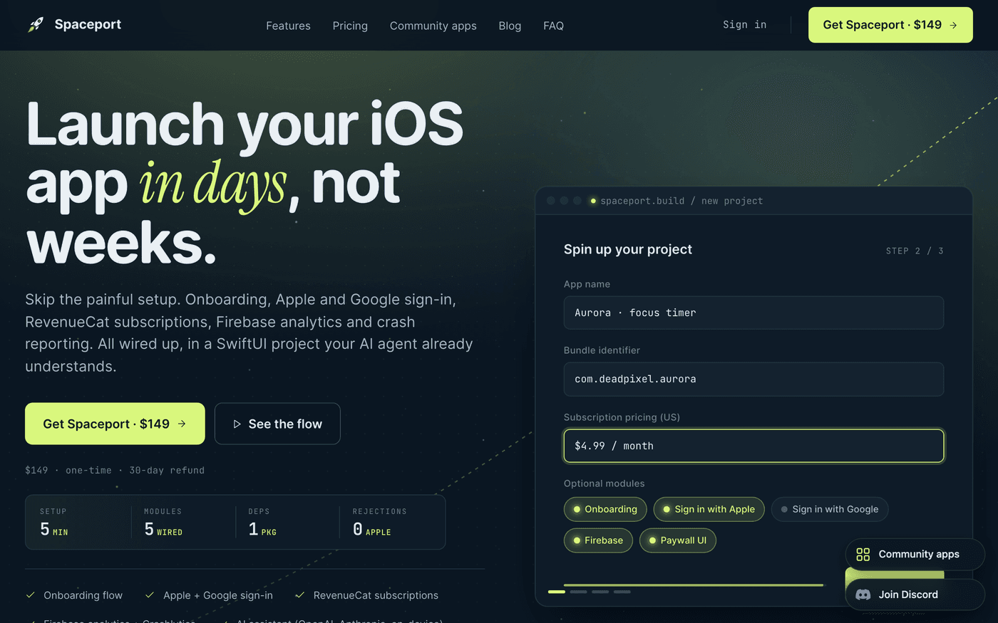 Spaceport landing page: Launch your iOS app in days, not weeks, with onboarding, Apple and Google sign-in, RevenueCat subscriptions and Firebase analytics