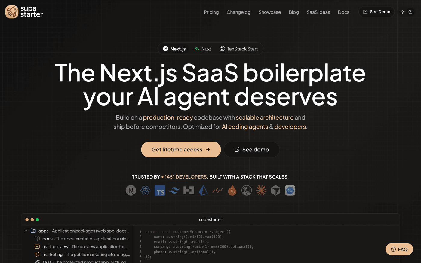 supastarter landing page, a SaaS boilerplate and starter kit