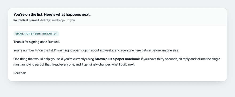 Example confirmation email: You are on the list, here is what happens next, with a reply prompt about the tool the reader currently uses