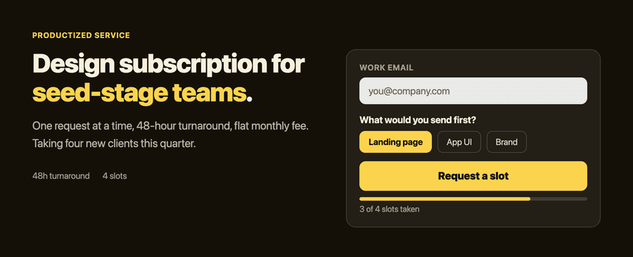 Waitlist landing page example for a productized design service, showing turnaround time and remaining client slots