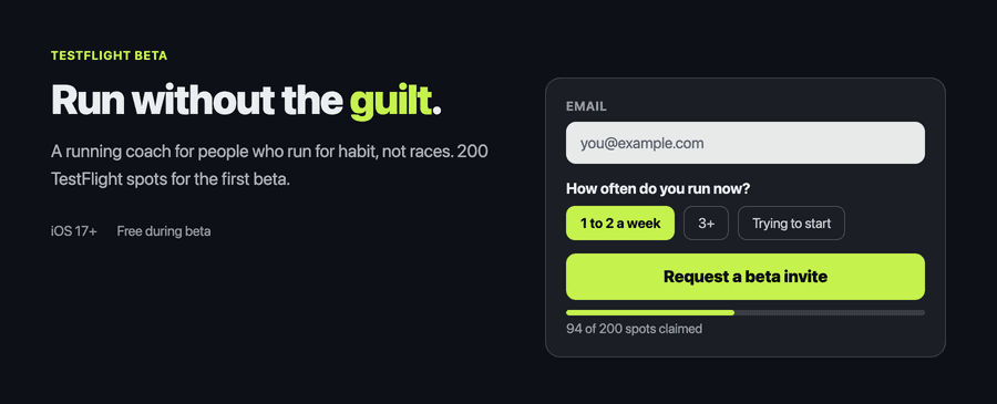 Waitlist landing page example for an iOS running app, with a survey question about running frequency and a counter showing 94 of 200 beta spots claimed