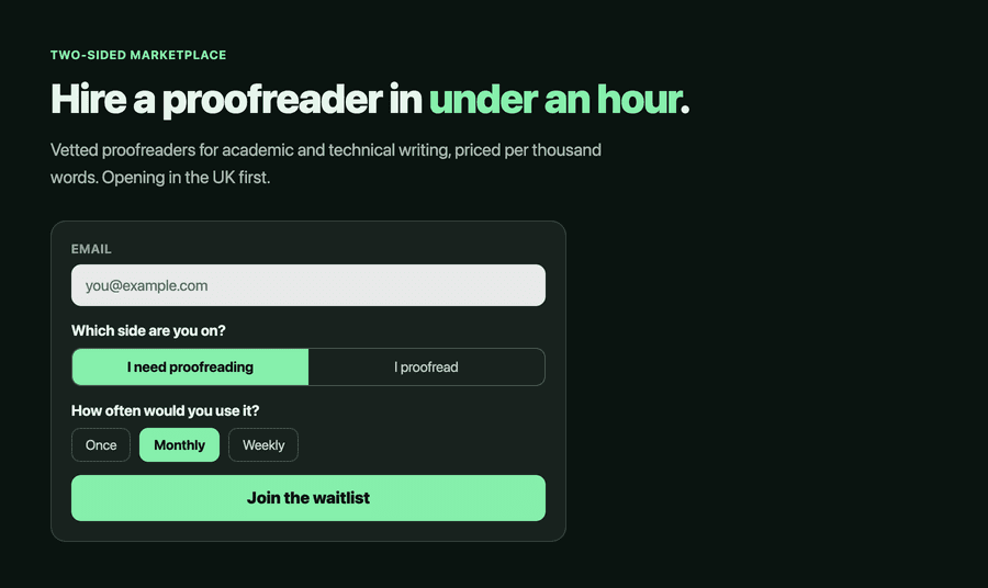 Waitlist landing page example for a two-sided marketplace, with a toggle asking which side of the market the visitor is on