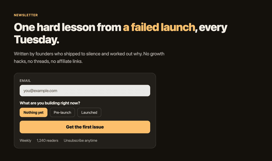 Waitlist landing page example for a newsletter, showing frequency and subscriber count with a survey question about what the reader is building